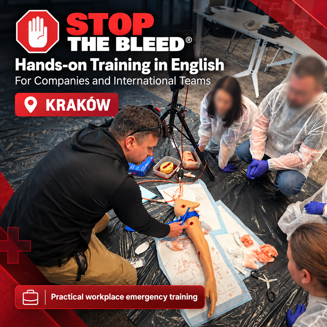 STOP THE BLEED® hands-on training in English: participants practise bleeding control on a training limb with an instructor. Photo from Kraków.
